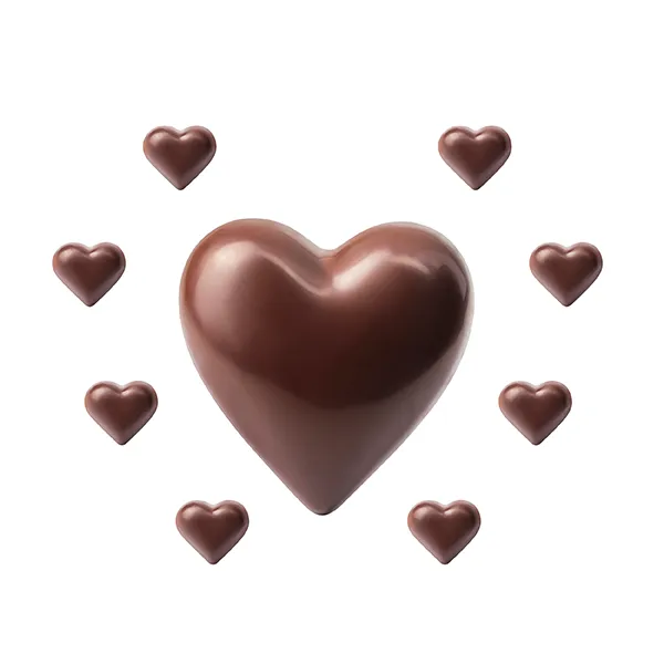 Chocolats en forme de cœur disposés en couronne sur fond blanc